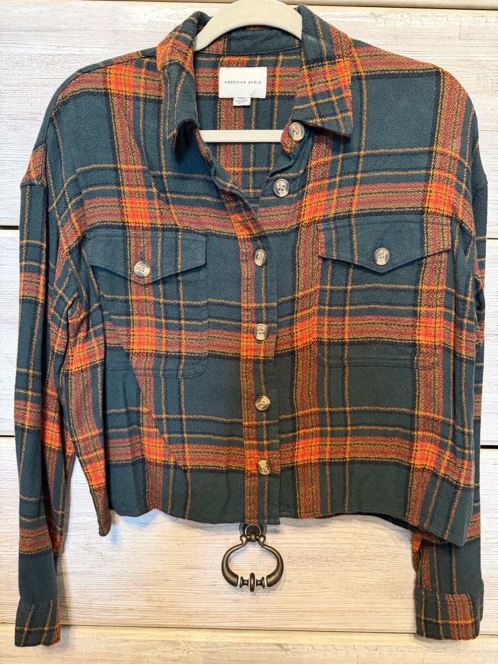 Women’s cropped American Eagle Dark Teal & burnt orange Plaid shirt. Size Small